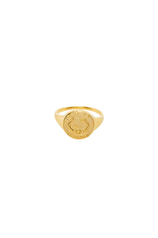 Front image of Spell’s Taurus Stargazer Zodiac Ring. The hand-crafted ring comes in 22k Gold Vermeil and features an embossed artwork of the zodiac sign.